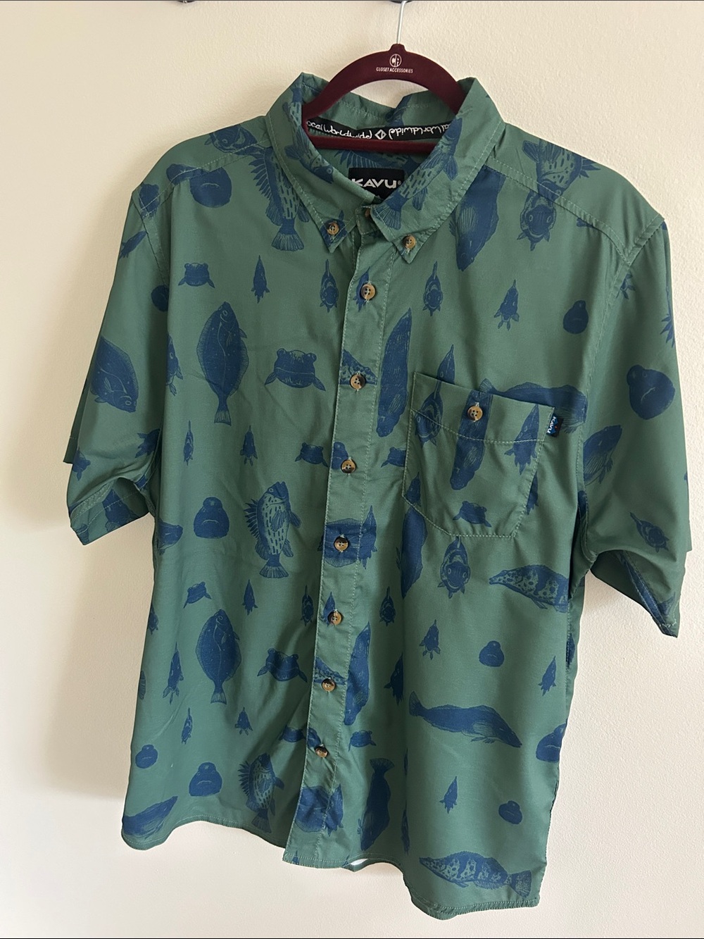 Kavu Green Short-Sleeve Button-Down Shirt with Navy Fish Print